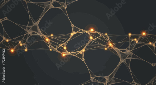 Abstract network of interconnected nodes with glowing points on dark background.
