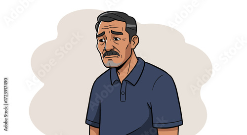 Illustration of a sad, middle-aged man with a mustache.