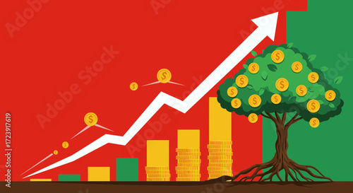 Illustration of a growing money tree with a rising graph on a red and green background.