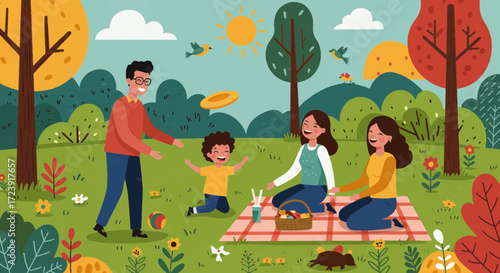Family enjoying a picnic in a park with trees and sunshine, playing frisbee.