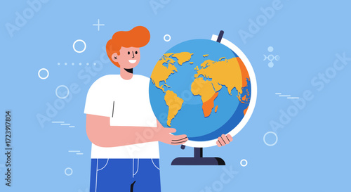 Man holding a globe with continents in yellow on a blue background.