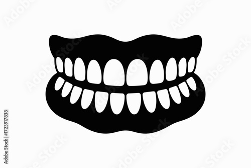 Stylized black and white illustration of a full set of artificial teeth, representing dental care and hygiene.