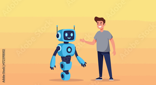 Illustration of a man standing next to a friendly robot.
