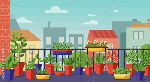 Balcony garden with potted plants against a cityscape background.