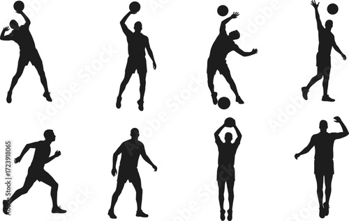Basketball player silhouettes, men athletes dribbling jumping dunking shooting ball, sports action poses, vector illustration