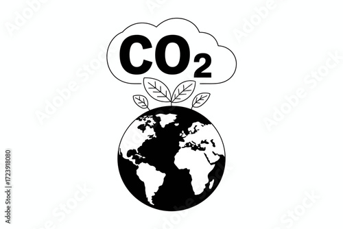 Earth with CO2 cloud and growing leaves, symbolizing environmental awareness and climate change
