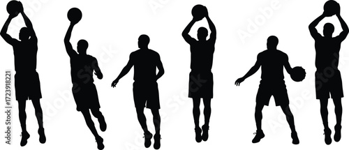 Basketball player silhouettes, men athletes dribbling jumping shooting ball, sports training poses, vector illustration