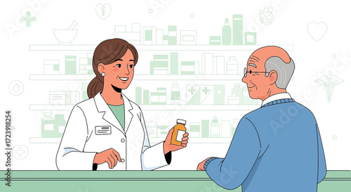 Friendly Pharmacist Serving an Elderly Patient and Providing Medication Advice in a Pharmacy