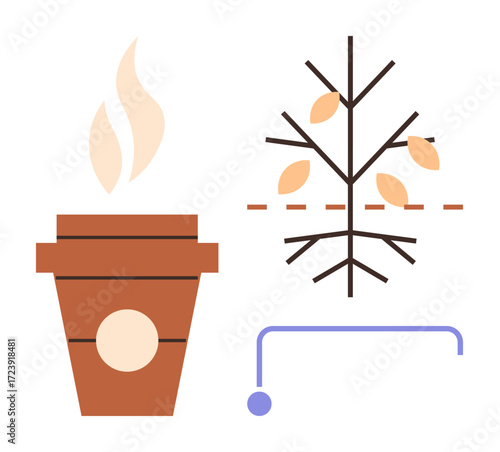 Coffee cup releasing steam alongside abstract tree with falling leaves and geometric accents. Ideal for eco-consciousness, sustainability, seasons, relaxation, minimalism, environmental themes