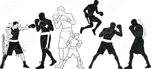 Boxing fighter silhouettes, punch action poses and sparring training illustrations, vector illustration