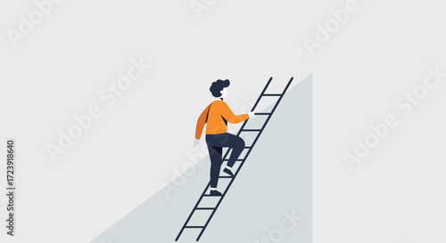 Illustration of a man climbing a ladder against a light gray background.