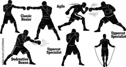 Boxing fighter silhouettes, punch training poses and boxing exercise illustrations, vector illustration