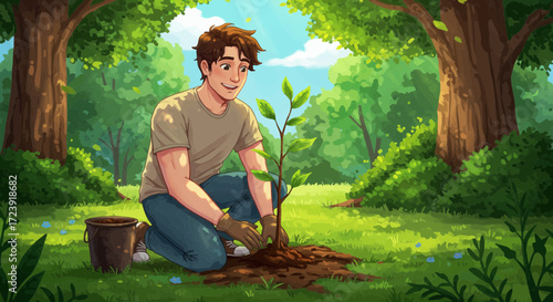 Man planting a tree in a lush green park, symbolizing environmental conservation and growth.