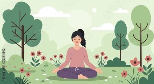 Woman meditating in a garden with trees and flowers, vector illustration.