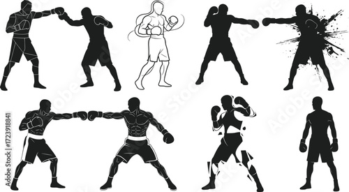 Boxing fighter silhouettes, sparring and punching action poses with artistic effects, vector illustration