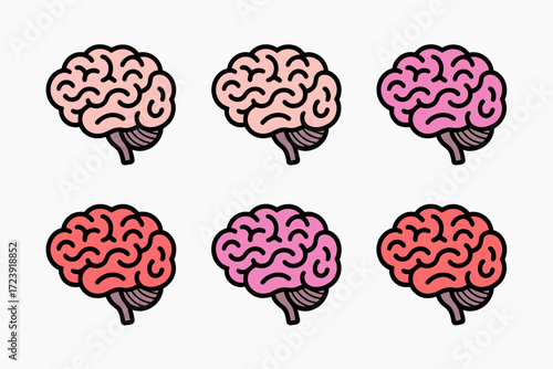 Six colorful illustrations of human brains, representing thought and ideas