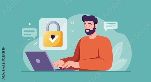 Man using laptop with padlock icon for secure connection.