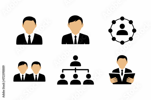 Diverse business icons represent teamwork, hierarchy, and individual roles within an organization.