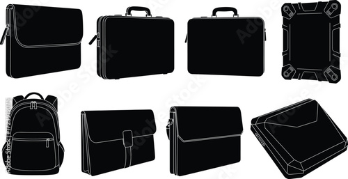 Business bags silhouettes, briefcase backpack laptop sleeve icons, travel office case vector illustration
