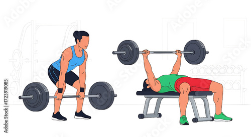 Strength training workout deadlift and bench press exercises at the gym