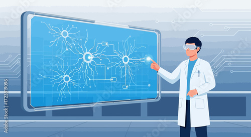 Futuristic scientist interacting with neural network interface in a clean technology lab environment
