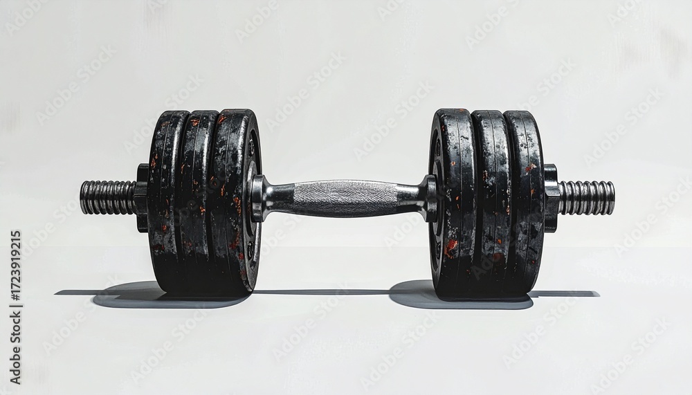 Naklejka premium A single, heavy dumbbell sits on a white surface, casting a shadow, symbolizing strength and fitness