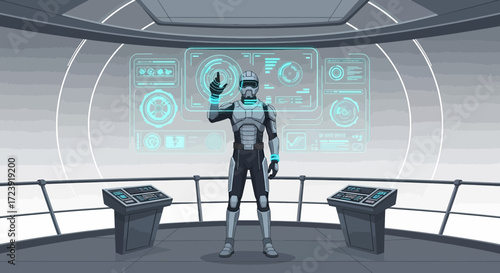 Futuristic Space Station Commander Interacting with a High-Tech Control Panel Displaying Data