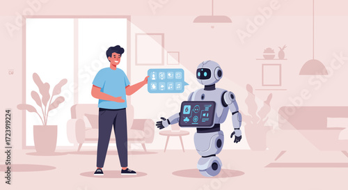 Man interacting with a robot in a modern living room, showcasing technology and home automation.