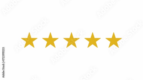 Animated five star rating on a white background. 5 stars rating the quality of product and service. 4k video animation