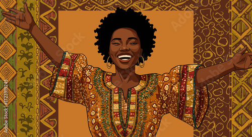 Joyful African woman with arms outstretched, smiling, wearing traditional clothing.