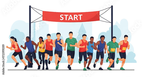 Diverse Group of Runners Starting a Race Marathon Competition Vector Illustration