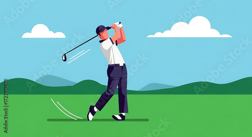 Male Golfer Swinging Golf Club on Green Course Illustration under Blue Sky