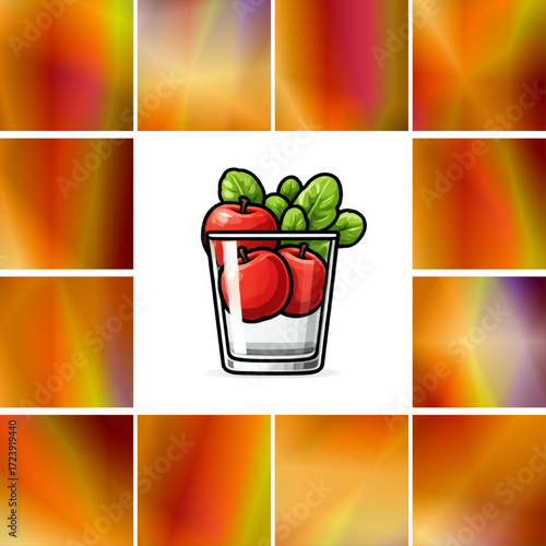 Cartoon apples and leaves in a glass, red and green, healthy juice and refreshing drink, with copy space
