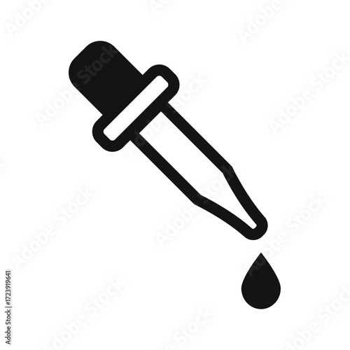 Simple black line art icon of a dropper with a single drop of liquid falling from its tip