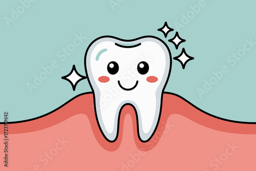 Happy, sparkling tooth with a cheerful expression, symbolizing dental health and hygiene.