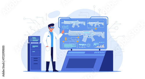 Futuristic weapon development with scientist analyzing firearm blueprints on screen