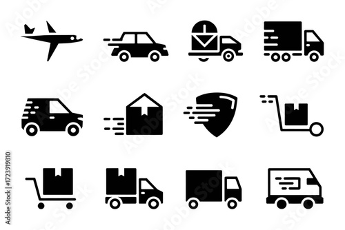 Collection of icons representing various transportation and delivery methods for logistics.