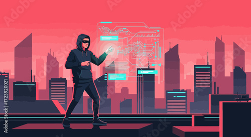 Hacker manipulating digital information in futuristic cityscape backdrop illustration