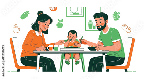 Happy family with baby eating healthy food together at home illustration concept