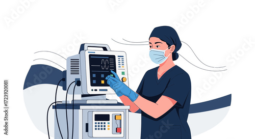 Healthcare professional operating medical equipment with mask and gloves during pandemic times