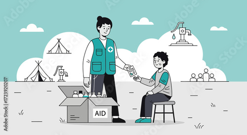 Humanitarian Assistance: Healthcare worker distributing aid to a person in need during the crisis