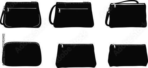 Fashion handbags silhouettes, women purses collection, clutch and shoulder bags, black leather accessories, vector illustration