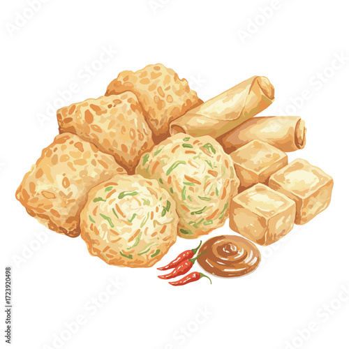 Assortment of golden fried Asian snacks with chili and dipping sauce.