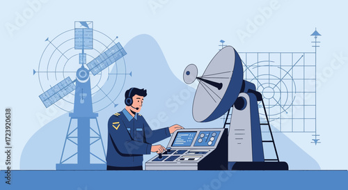 Illustration depicting an air traffic controller monitoring radar data on a console during work