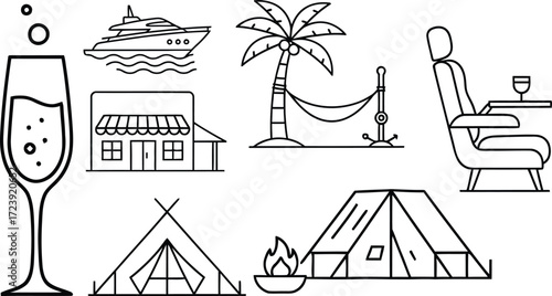 Luxury travel vacation vector icons set yacht champagne boutique hotel camping palm tree private jet design