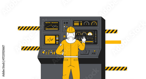 Illustration depicting an engineer operating a control panel in a technical setting for industry