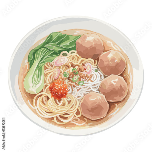 Delicious Indonesian Bakso Noodle Soup with Meatballs and Bok Choy.