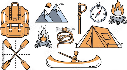 Camping and outdoor adventure vector icons set for travel hiking and recreation activities design element