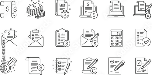 Finance and business icons, invoice, report, contract, tax, payment, calculator, audit document, vector illustration