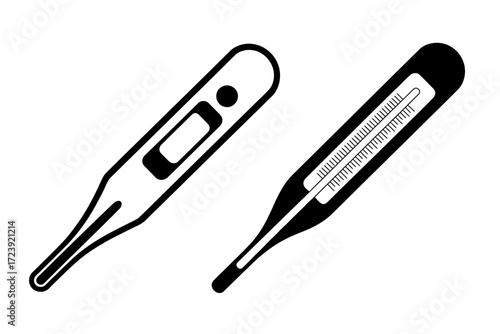 Two thermometers, one digital and one traditional mercury type, displayed side by side for comparison.